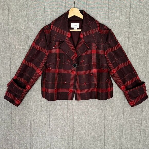 Lewit 100% Wool Burgundy Red Plaid w/ Ruby Red Jewel Applique Boxy Blazer Size M - Picture 1 of 13